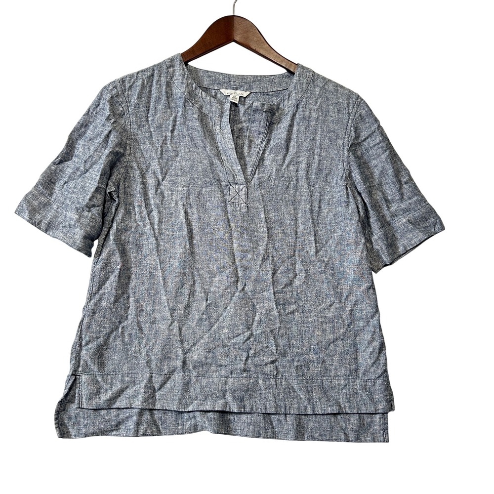 LL Bean Signature Linen Blend Top Blue Short Sleeve Size XS Nautical‎ Chambray